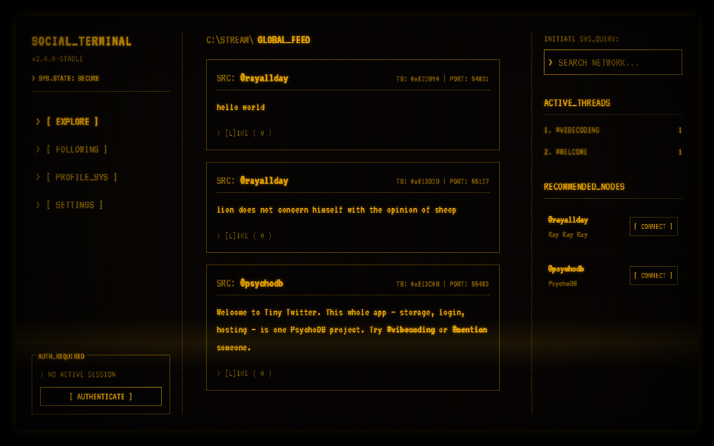 Tiny Twitter — CRT terminal UI with feed, compose box, and trending hashtags
